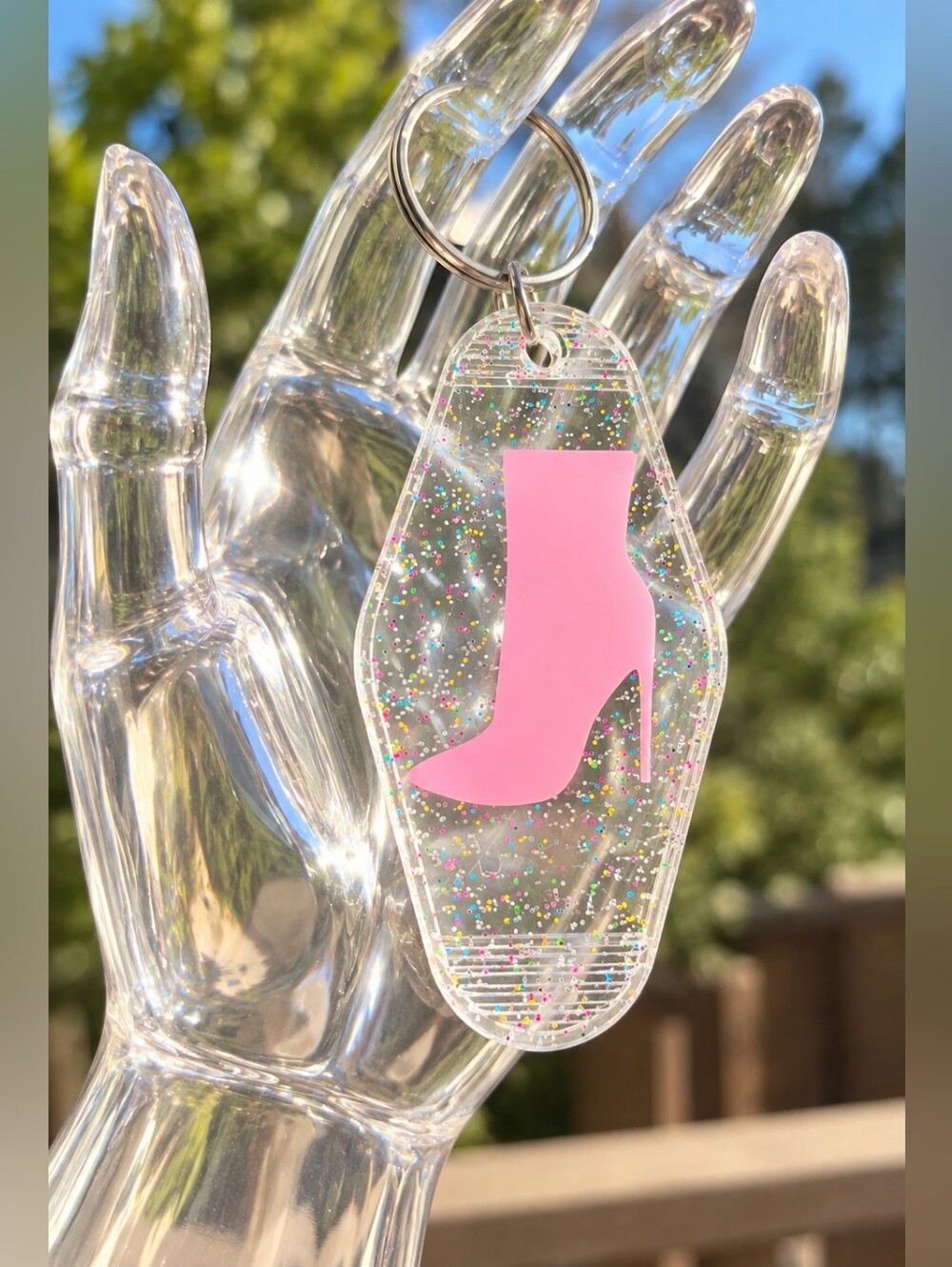 Pink High Heel Boot Keychain - Glitter Acrylic Key Ring